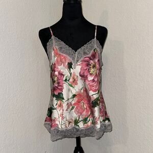 Express Satin Floral Lace Camisole Top Women Medium Pink White V-Neck Coquette